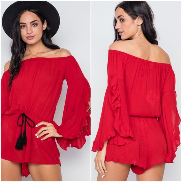 Trend Setter Diva Boutique Pants - RED OFF-THE-SHOULDER RUFFLE SLEEVES ROMPER